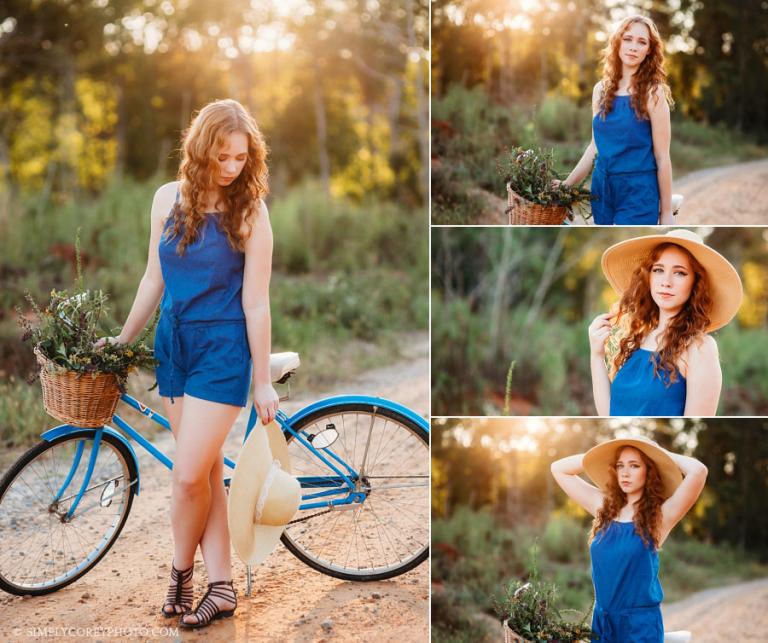 Carrollton senior portraits, teen with a vintage bike at golden hour