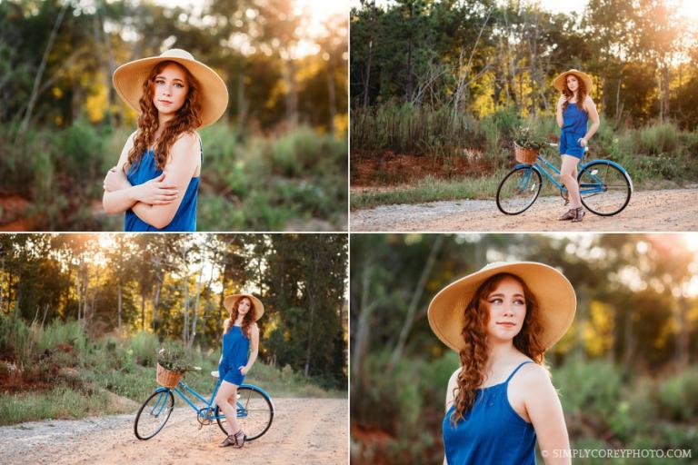 Douglasville senior portraits of a teen in a floppy hat and a bicycle with a flower basket