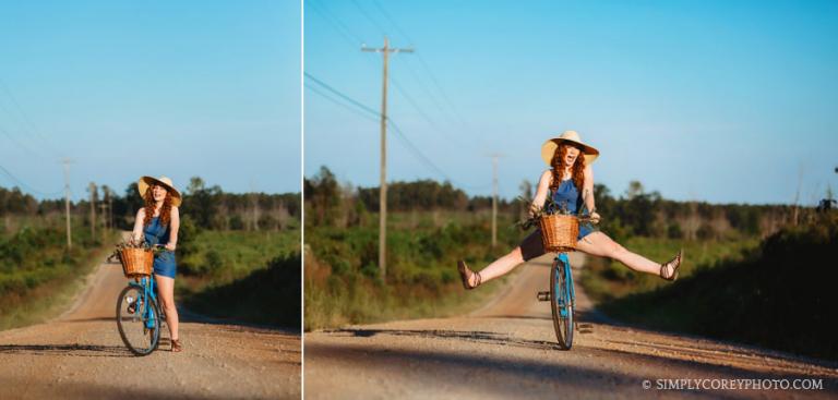 Newnan senior portrait photographer, teen on vintage bicycle with blue sky