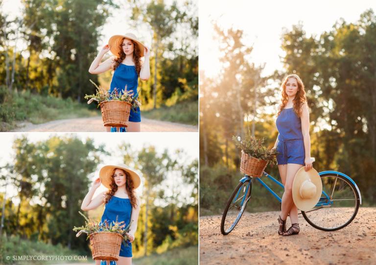 Villa Rica senior portrait photographer, teen with a floppy hat and vintage bike