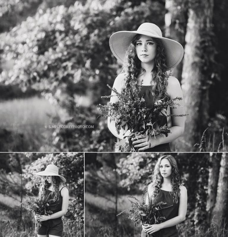 Villa Rica senior portraits of a teen with a hat in black and white