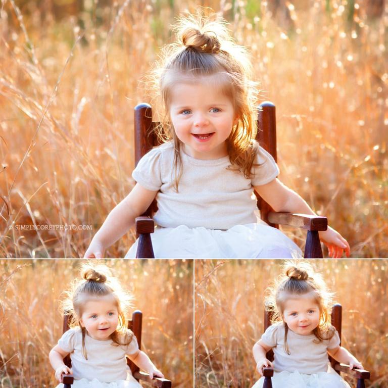 Newnan baby photographer, toddler in chair in golden grass