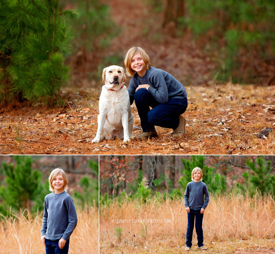 Carrollton children's photographer, child with a dog outside in a field
