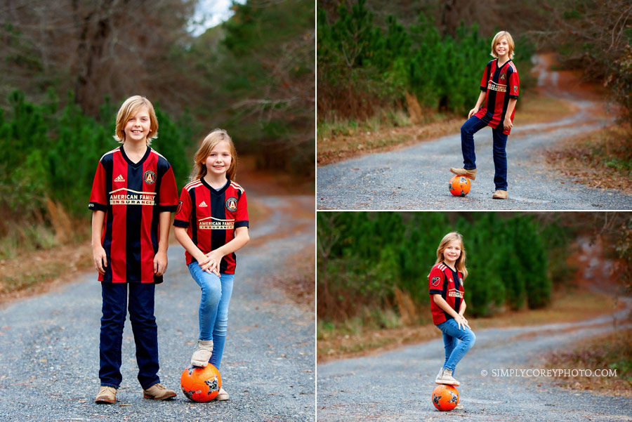 West Georgia family photographer, children in soccer uniforms outside