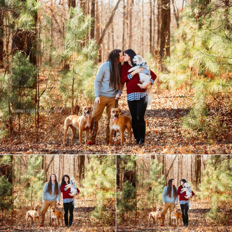 Carrollton maternity photographer, couple outside three dogs