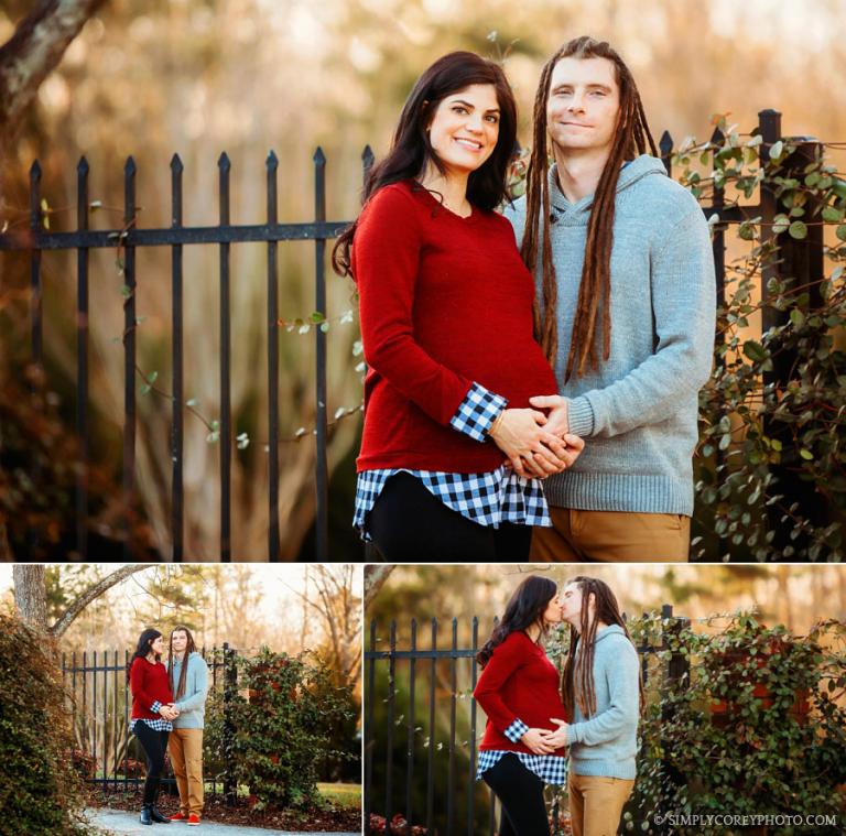 maternity photographer near Atlanta, man with dreads and pregnant wife by a gate