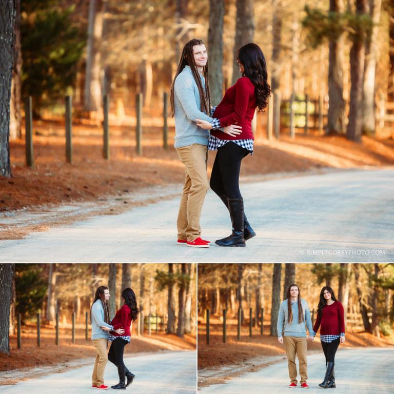 maternity photographer near Carrollton, GA; couple outside on country road