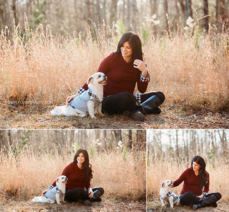Newnan maternity photographer, pregnant mom sitting outside with dog