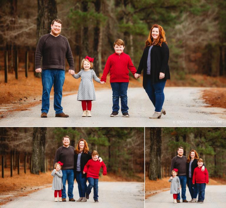 Douglasville family photographer, parents and kids in red on a dirt road