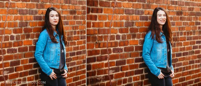 West Georgia photographer, teen girl in a jean jacket by a brick wall