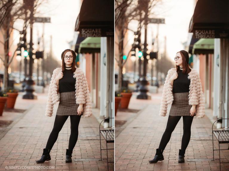 Atlanta senior portraits, teen downtown in a beret and furry jacket