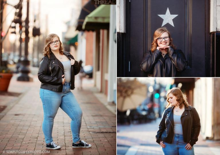 Carrollton, Georgia senior portraits, teen downtown in a leather jacket