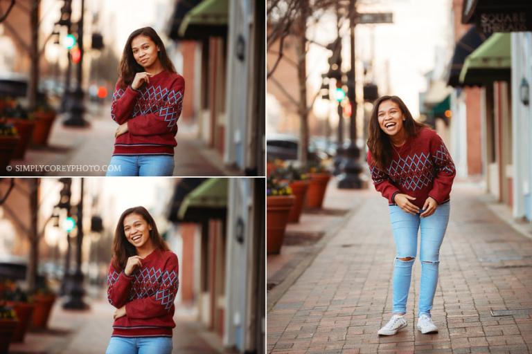 Newnan senior portraits, teen laughing during downtown session