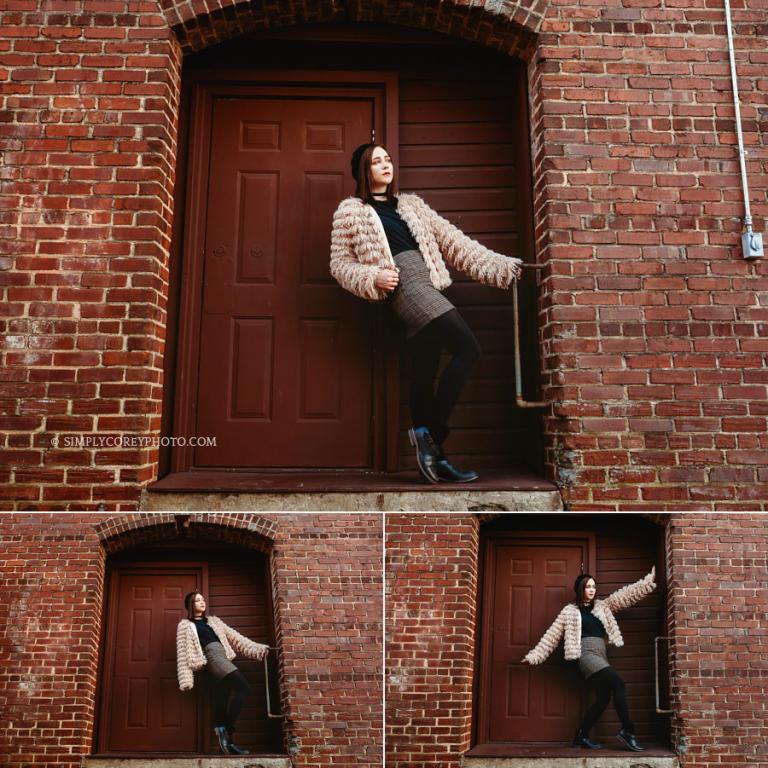 senior portrait photographer Atlanta, teen girl in a pink furry jacket