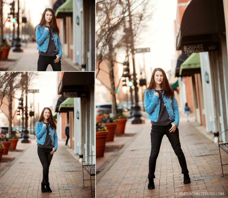 senior portraits near Atlanta, teen downtown in a denim jacket