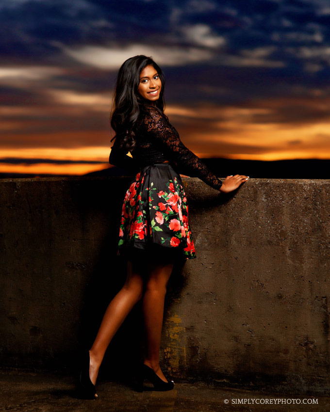 Newnan senior portrait photographer, teen outside at sunset