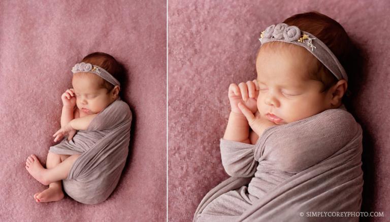 Douglasville newborn photographer, baby girl in a purple wrap set