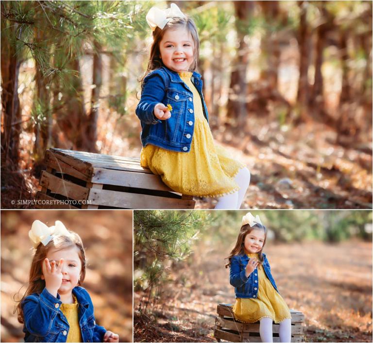 Douglasville children's photographer, girl outside in a denim jacket