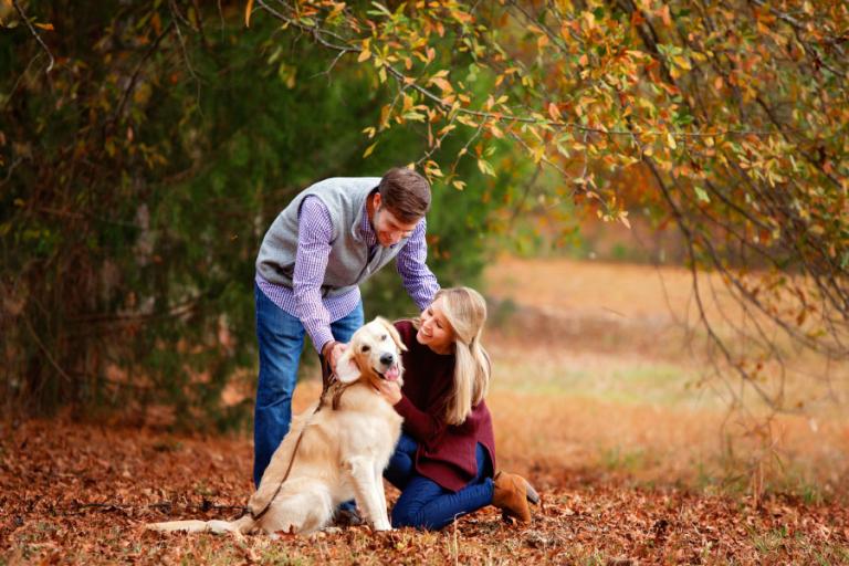 pet photographer Carrollton, Georgia; couple with a Golden Retriever