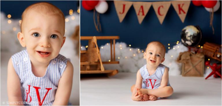 Newnan baby photographer, one year old in monogrammed jon jon