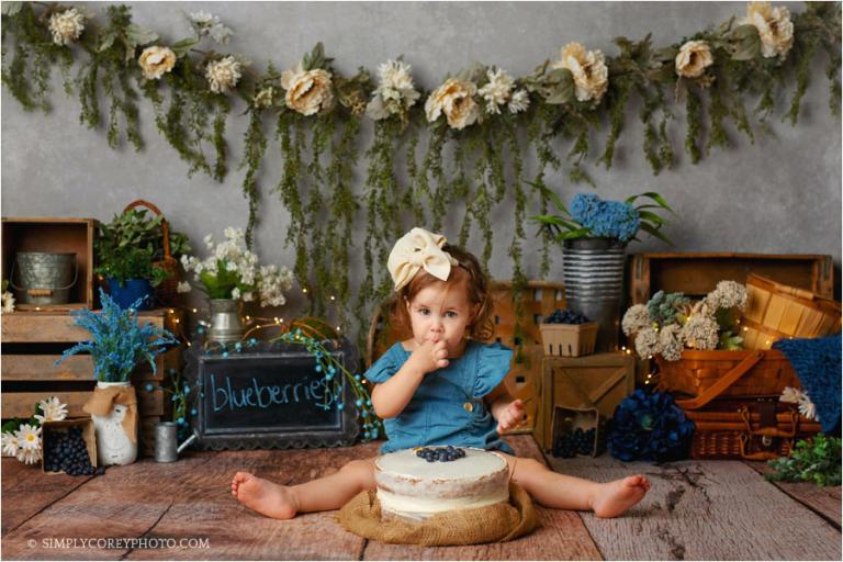 Atlanta cake smash photographer, blueberry naked cake for toddler session