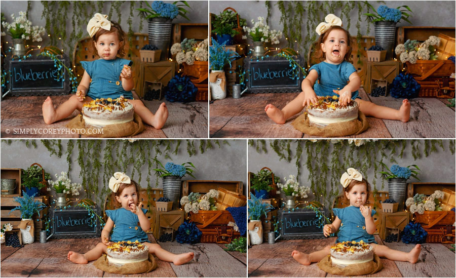 cake smash photographer Newnan, rustic blueberry studio session
