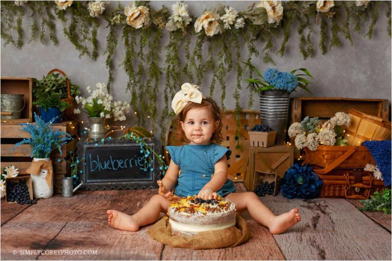 Douglasville cake smash photographer, rustic blueberry theme for toddler
