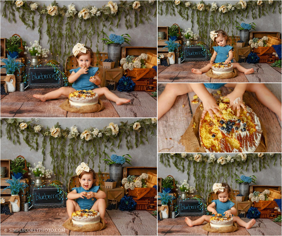 Villa Rica cake smash photographer, rustic blueberry theme in studio