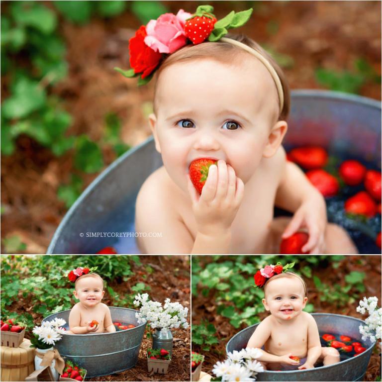 Atlanta baby photographer, outdoor strawberry bath session