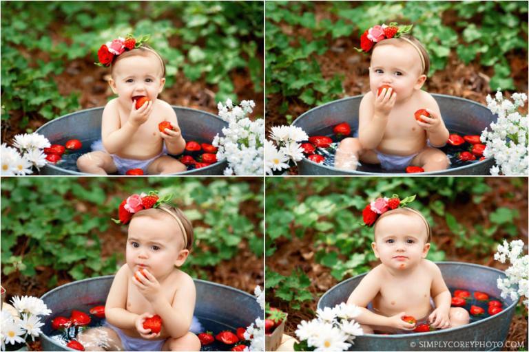 baby photographer Carrollton, Georgia; strawberry bath outside