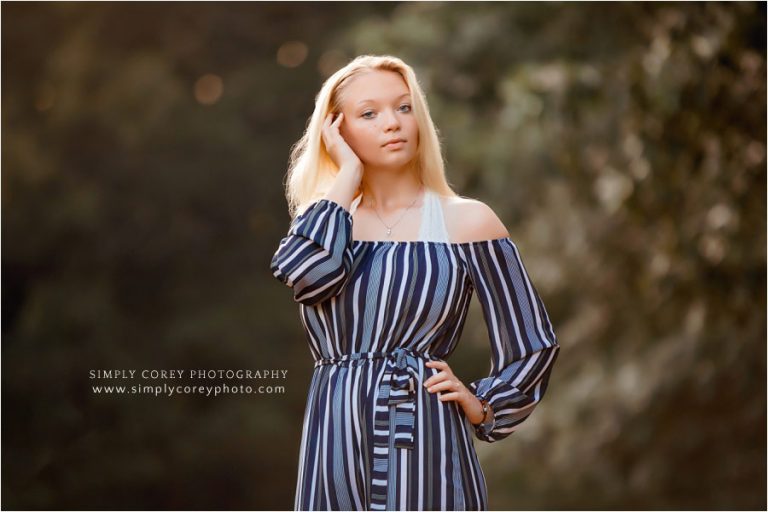 Atlanta senior portrait photographer, teen girl outside in stripes