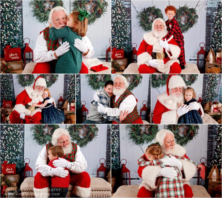 Atlanta Santa Claus mini session photographer, kids hugging Santa Claus goodbye