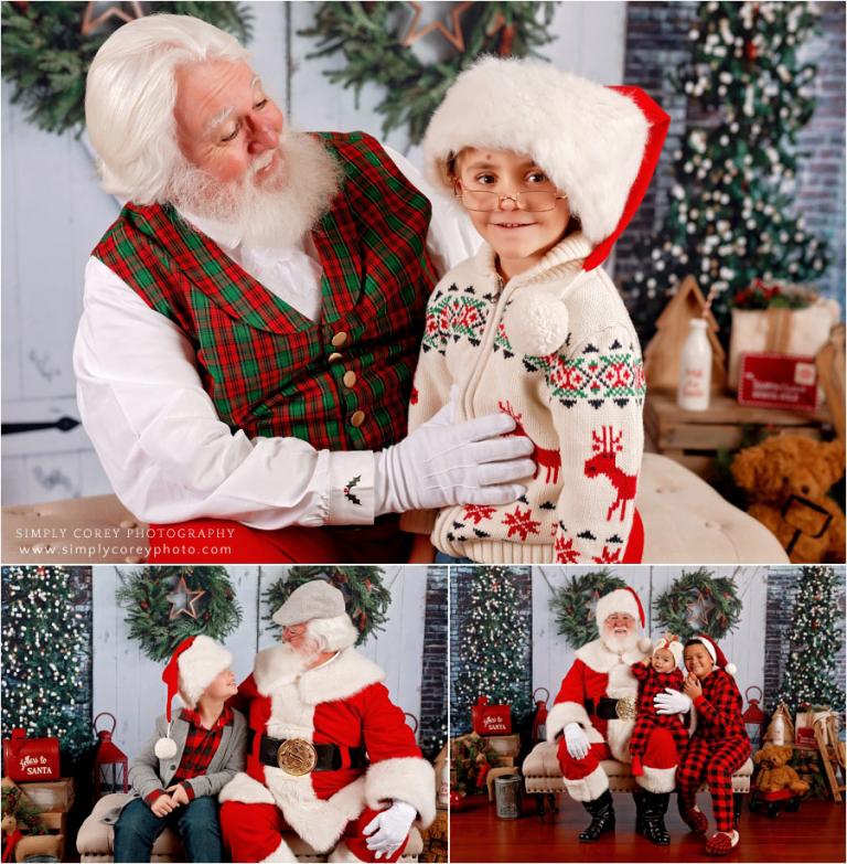 Santa Claus mini sessions in Cumming, GA; kids wearing Santa hats