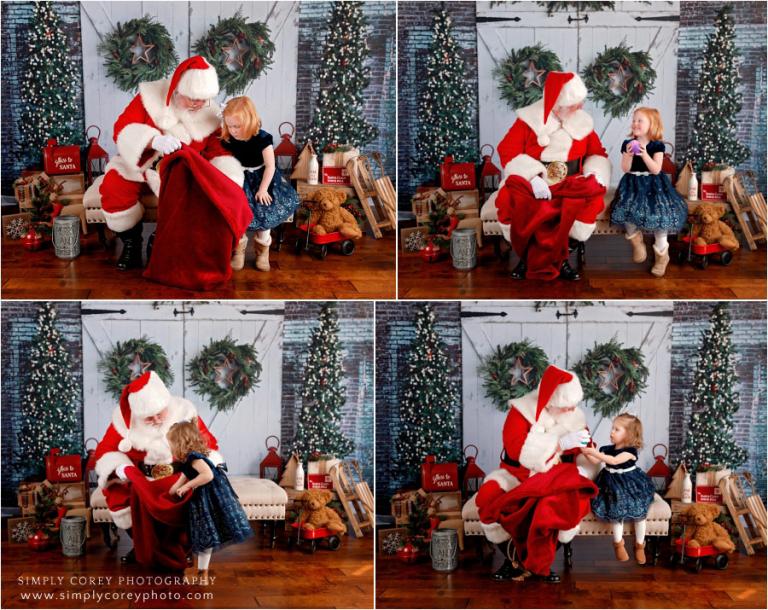 Santa Claus mini sessions in Cumming, Ga; kids opening presents