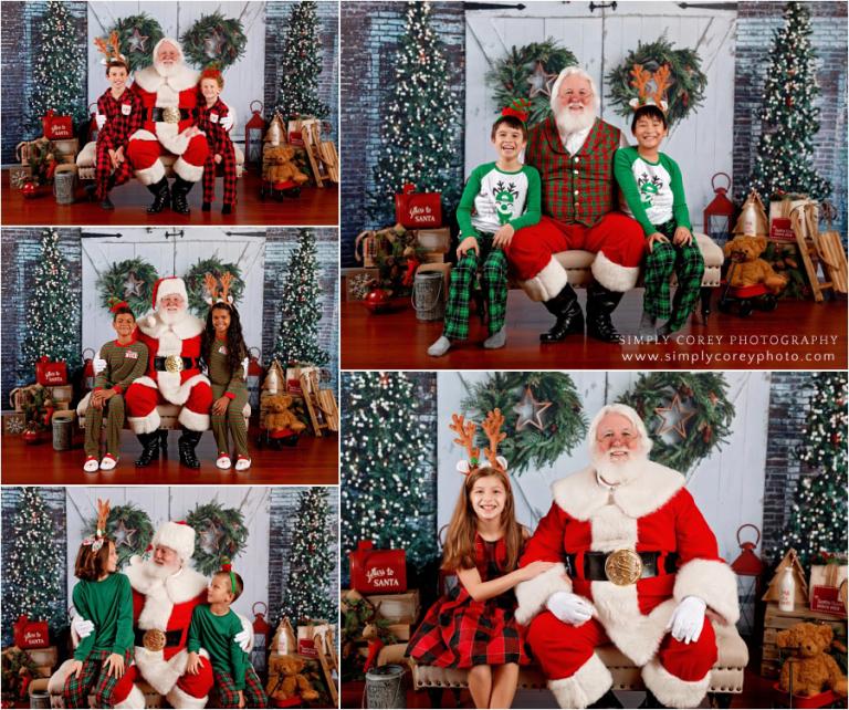 Santa Claus mini sessions near Villa Rica, kids wearing silly Christmas hats