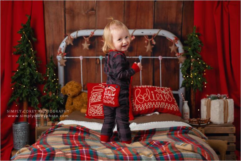 Christmas mini session photographer near Atlanta, girl in holiday pajamas