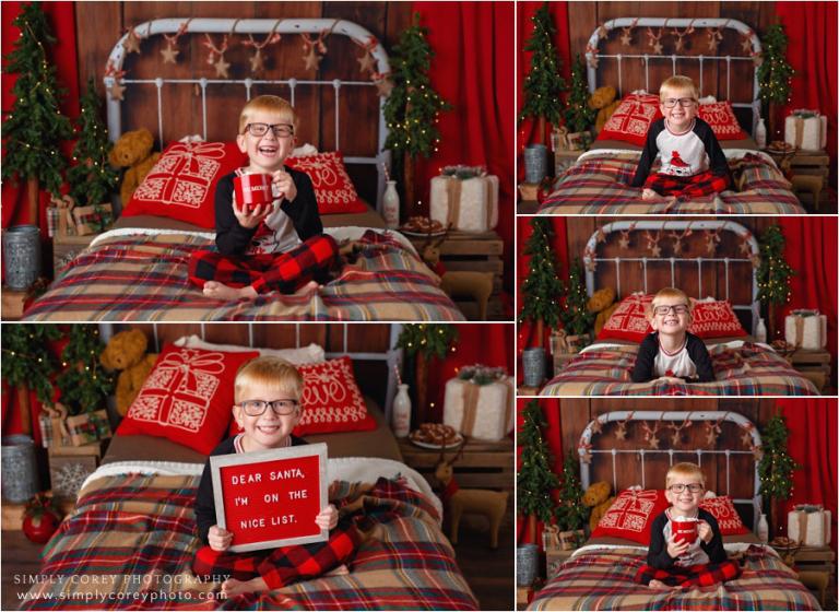 Christmas mini session photographer near Carrollton, GA; boy in holiday pajamas