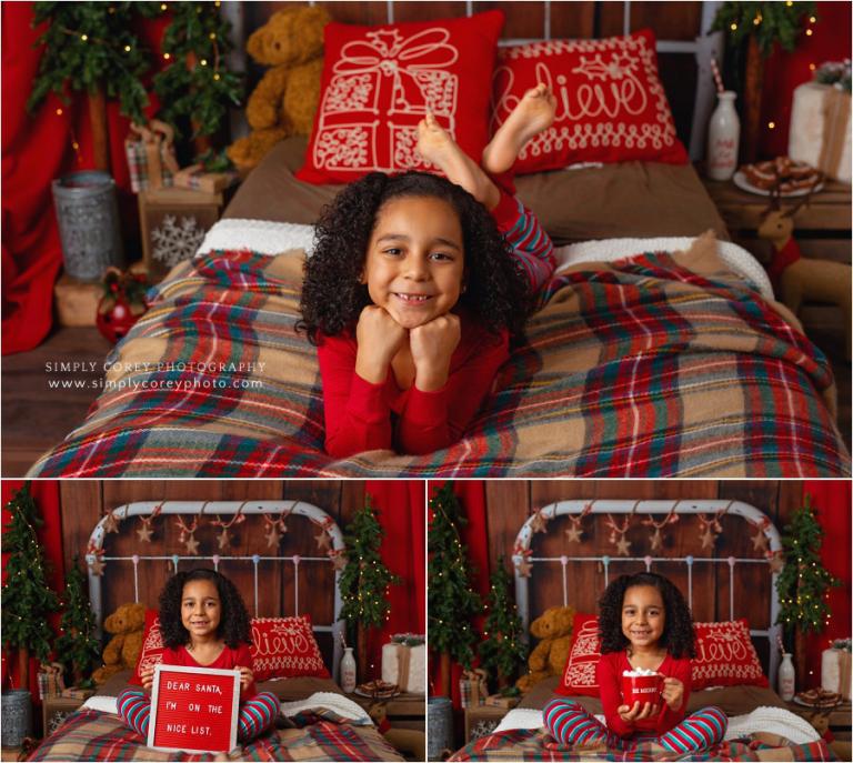 Douglasville Christmas mini sessions, girl in holiday pajamas