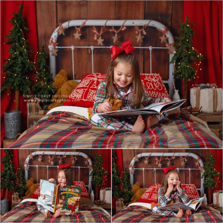 Newnan Christmas mini session photographer, girl reading Home Alone book