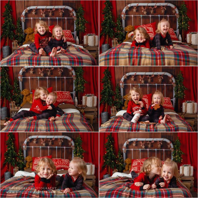 Villa Rica Christmas pajama mini session photographer, kids on a bed