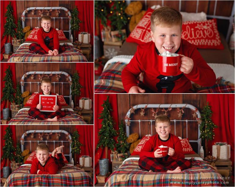 West Georgia Christmas mini session photographer,  boy in holiday pajamas