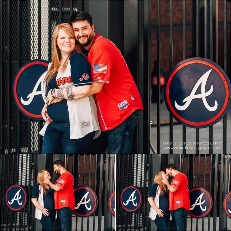 Carrollton maternity photographer, couple wearing Atlanta Braves jerseys