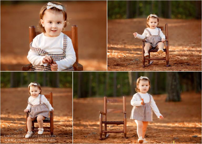 Bremen baby photographer, toddler girl in rocking chair outside