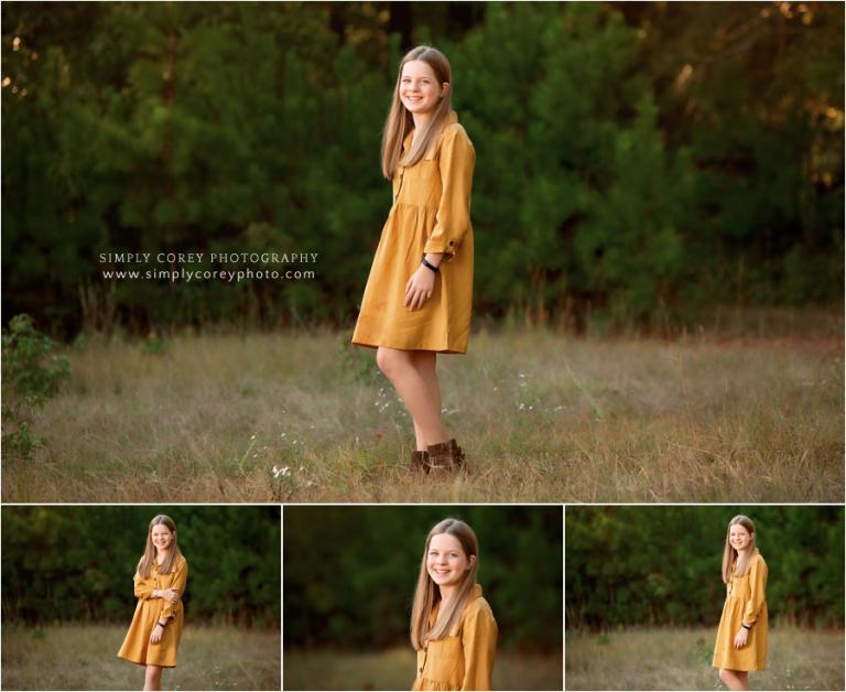 West Georgia photographer, tween girl wearing a mustard dress in a field