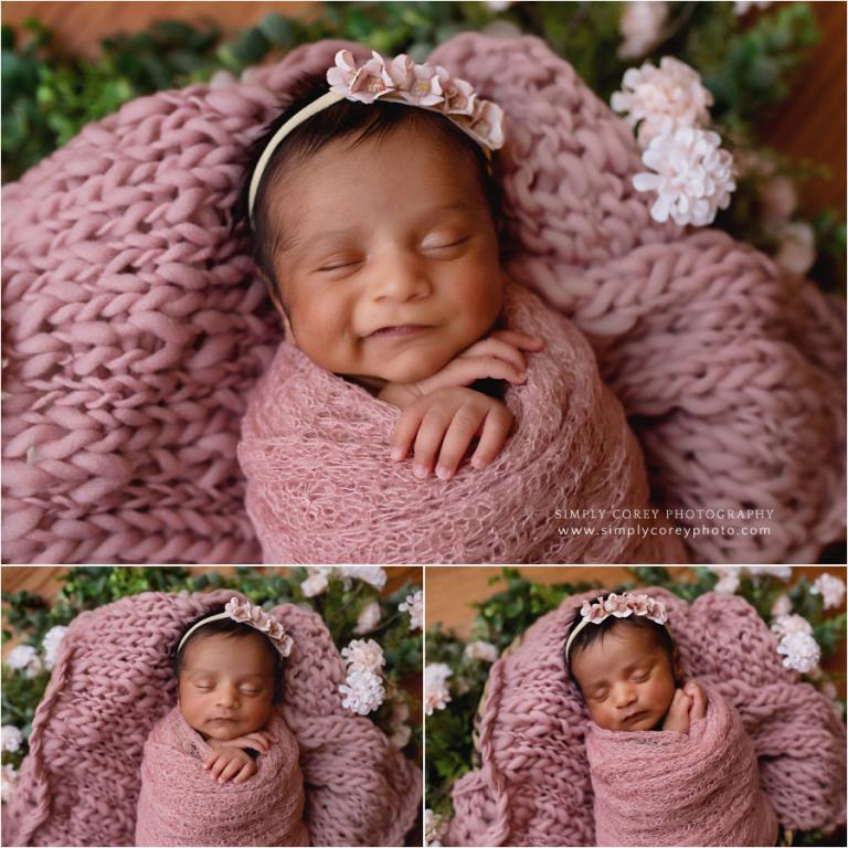 Villa Rica newborn photographer, baby girl smiling in pink
