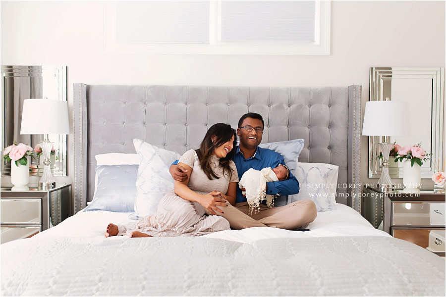 West Georgia family photographer, in home newborn photography on bed
