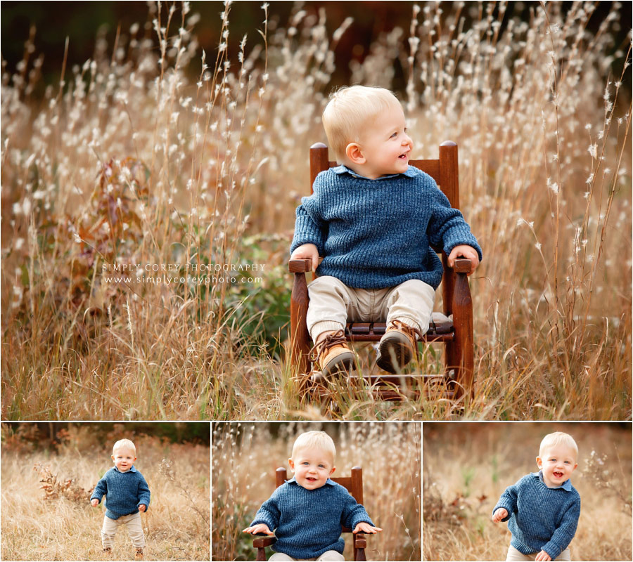Atlanta baby photographer, toddler in rocking chair by tall grass
