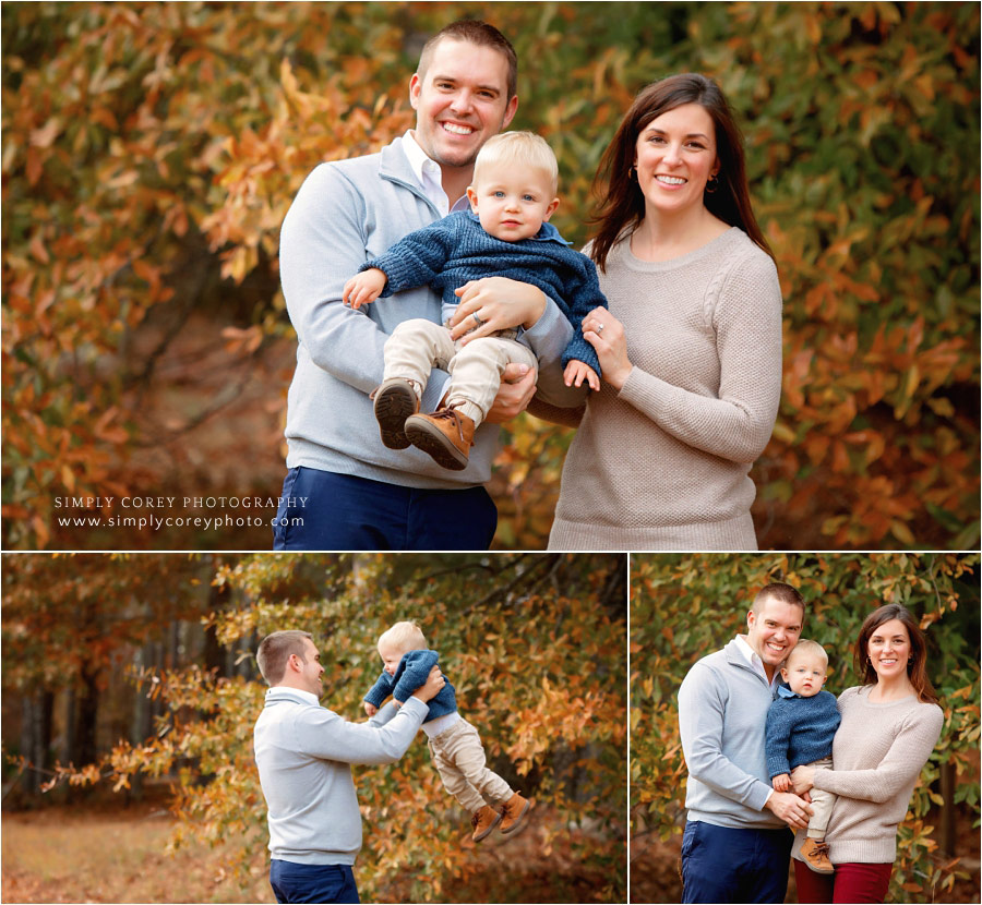 Douglasville family photographer, outdoor portraits with baby by fall trees