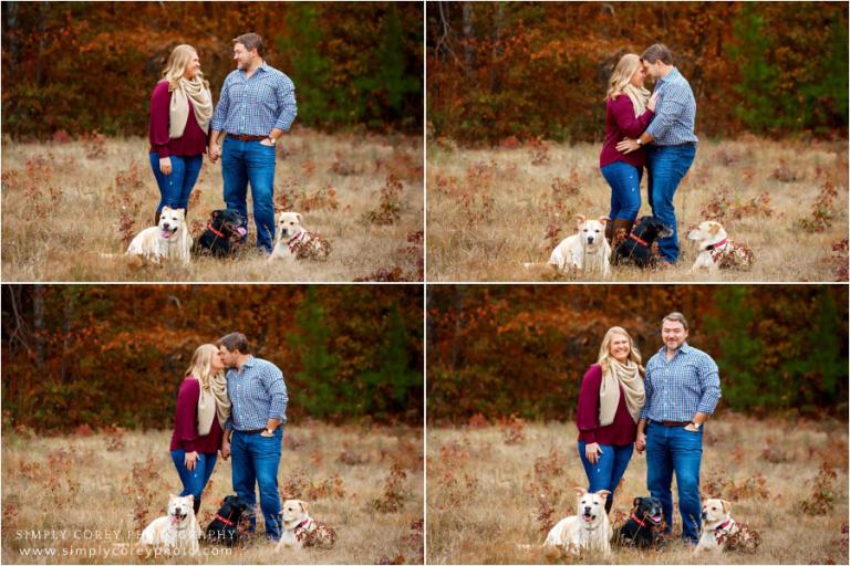 Bremen pet photographer, couple outside in field with three dogs