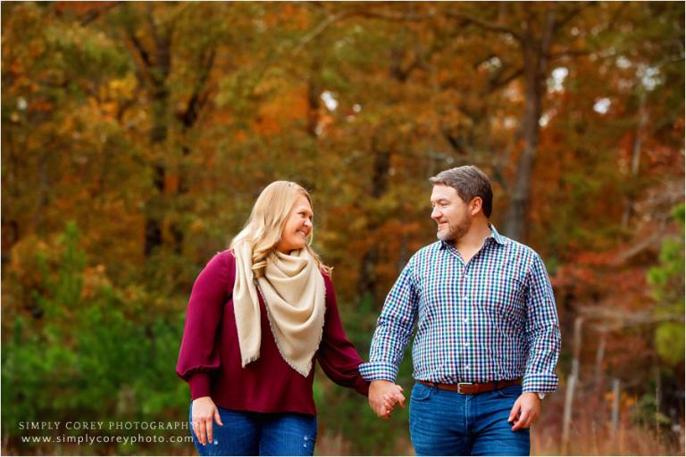 couples photographer near Carrollton, Georgia; walking during fall mini session